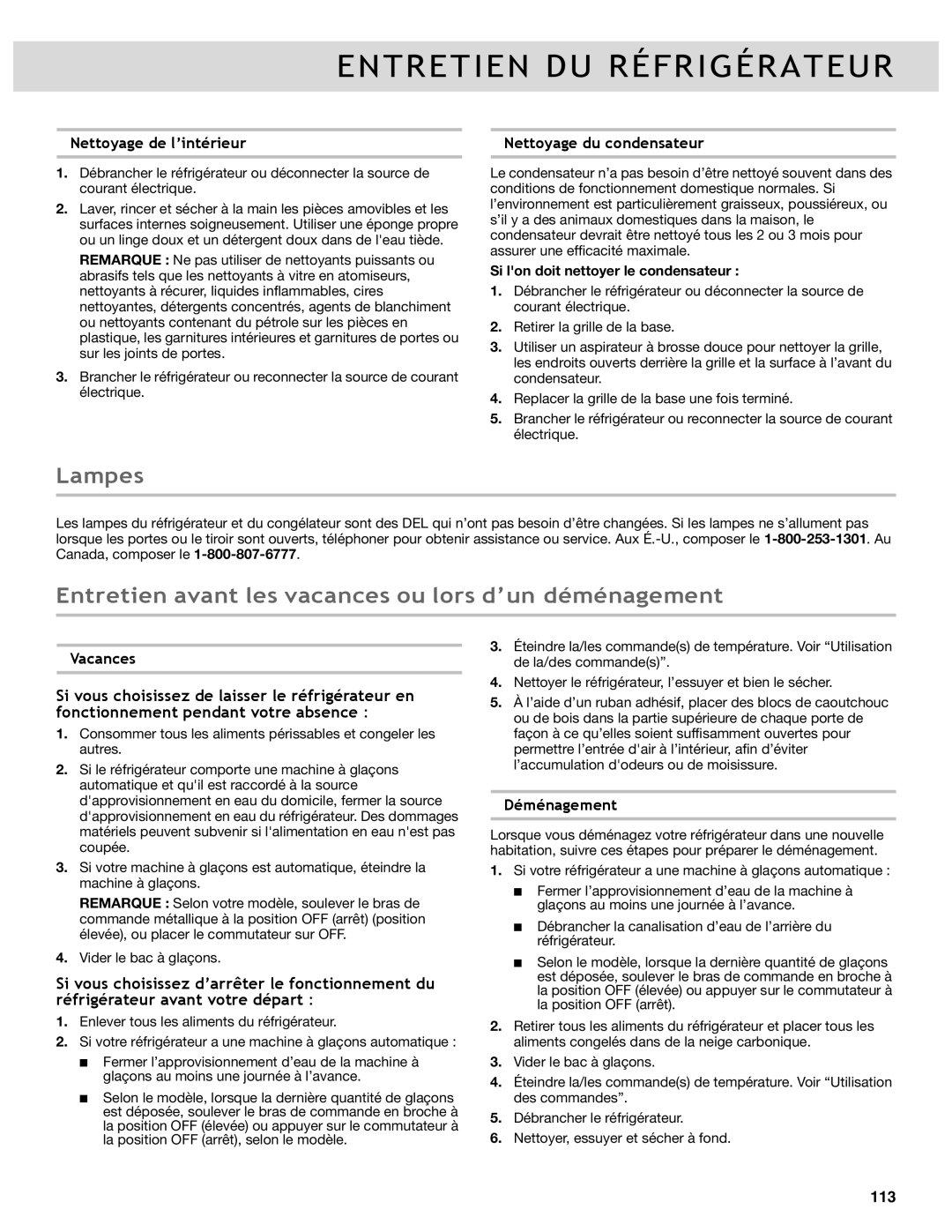 Whirlpool WRF989SDAF, WRF736SDAB, WRF989SDAM, WRF989SDAH manual Lampes, Entretien avant les vacances ou lors d’un déménagement 