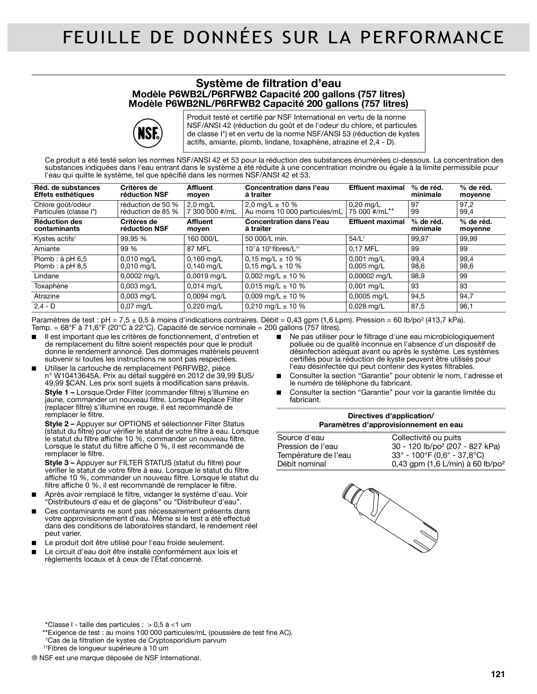 Whirlpool WRF989SDAB, WRF736SDAB, WRF989SDAM, WRF989SDAH Feuille DE Données SUR LA Performance, Système de filtration d’eau 