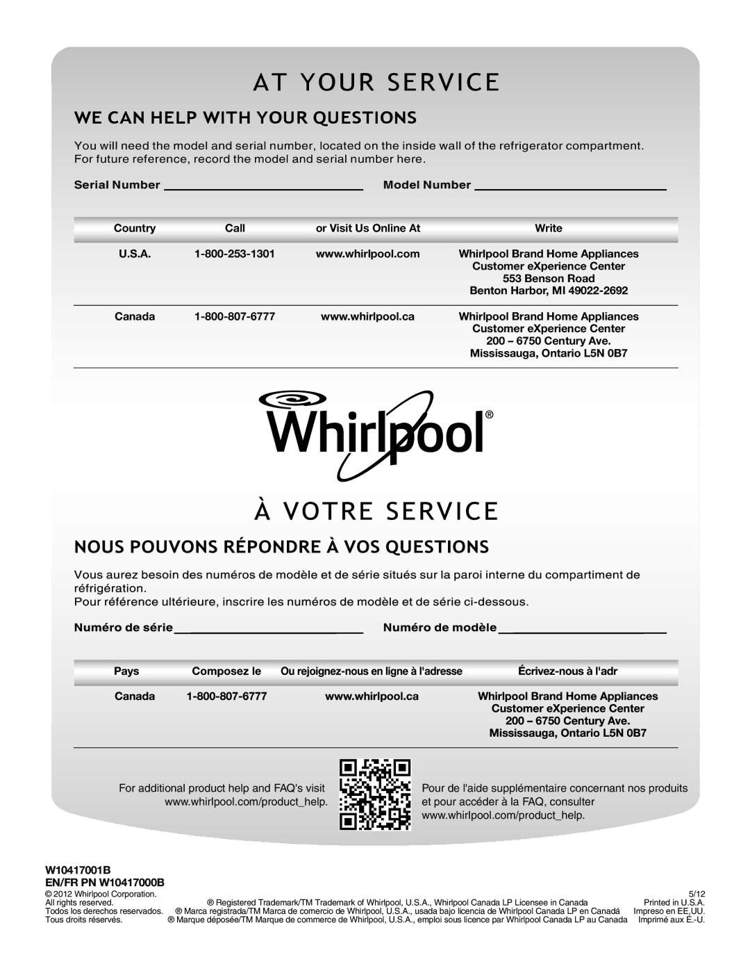 Whirlpool WRF989SDAE, WRF736SDAB, WRF989SDAM, WRF989SDAH, WRF736SDAM, WRF989SDAB, WRF989SDAF, WRF736SDAF manual AT Your Service 