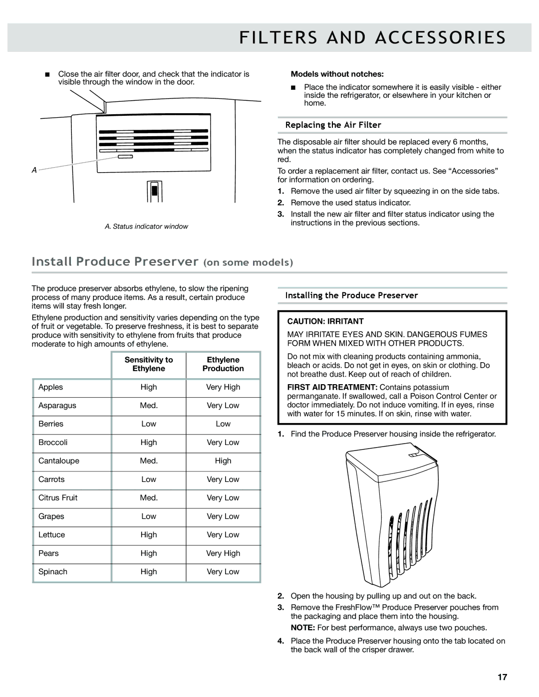 Whirlpool WRF736SDAW Install Produce Preserver on some models, Replacing the Air Filter, Installing the Produce Preserver 