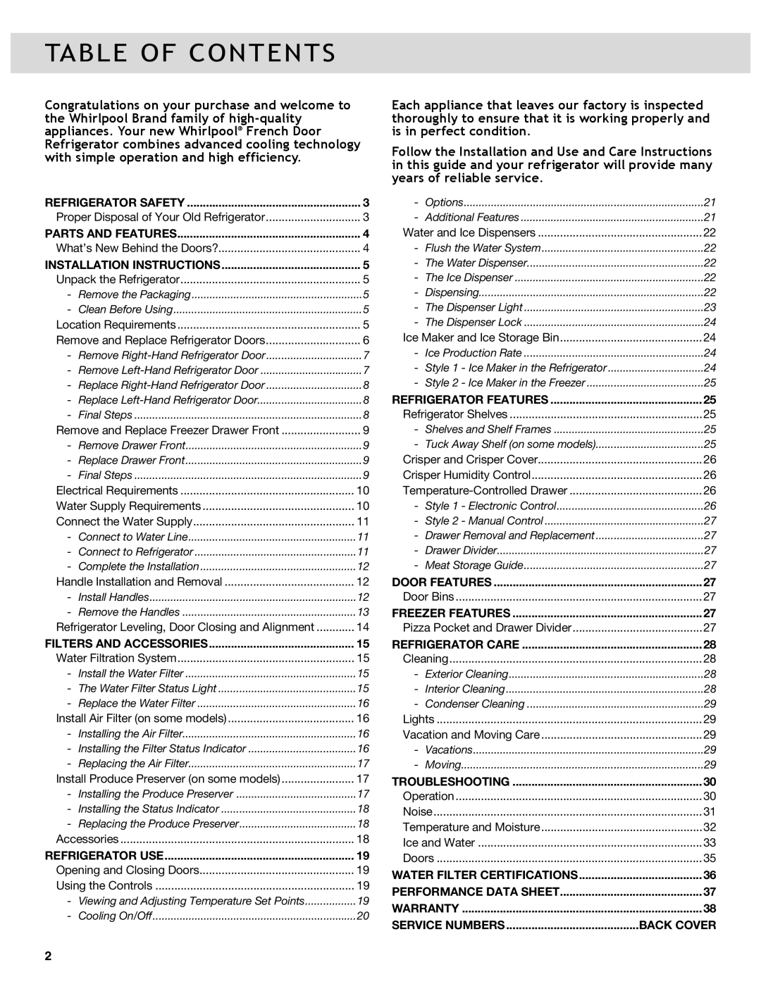 Whirlpool WRF989SDAH, WRF736SDAB, WRF989SDAM, WRF736SDAM, WRF989SDAB, WRF989SDAF, WRF736SDAF, WRF989SDAE manual Table of Contents 