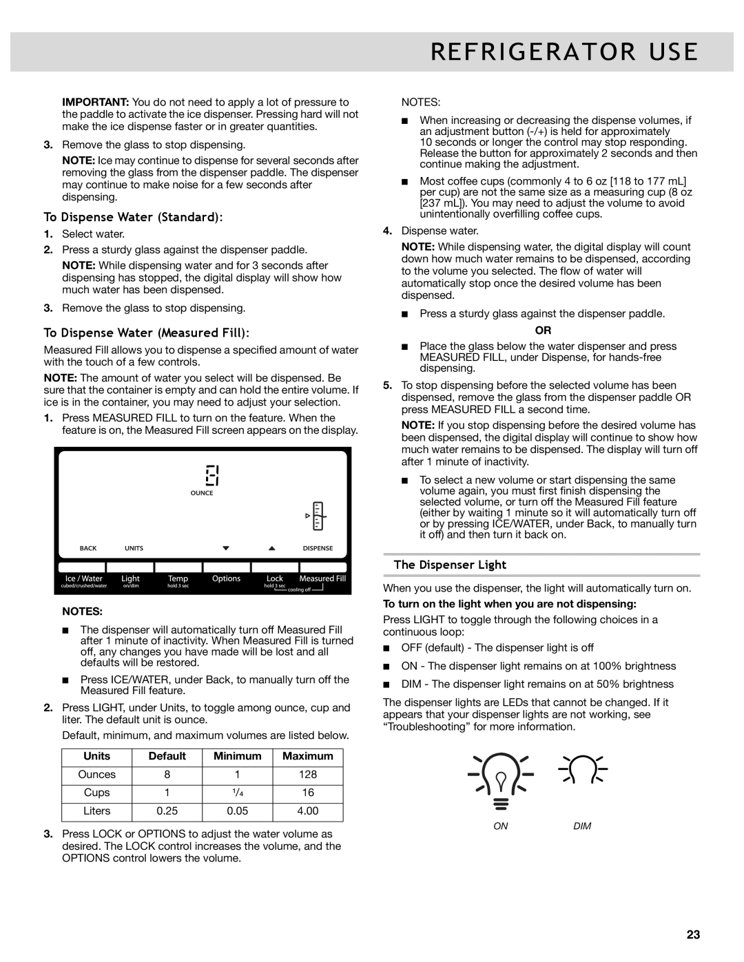 Whirlpool WRF989SDAF, WRF736SDAB, WRF989SDAM To Dispense Water Standard, To Dispense Water Measured Fill, Dispenser Light 