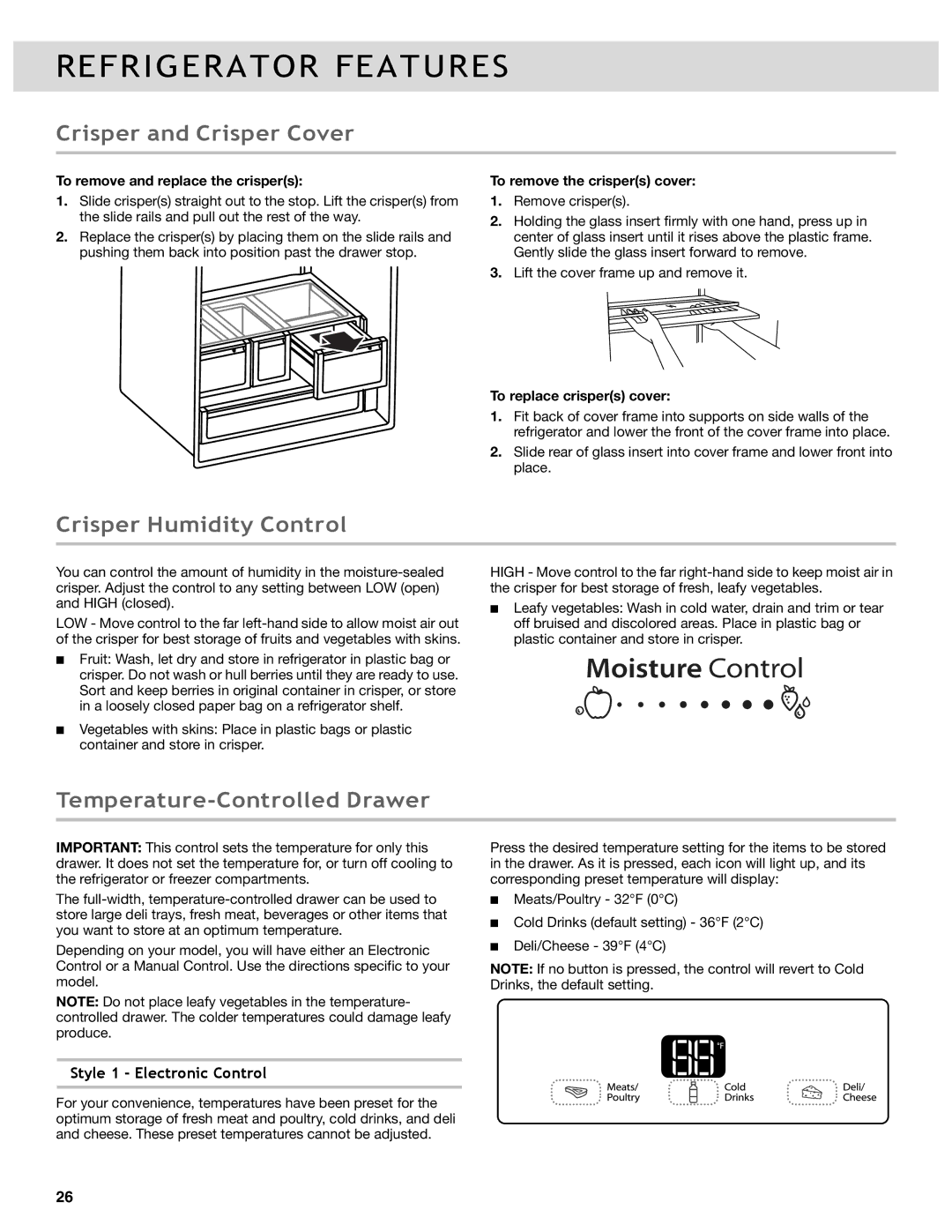 Whirlpool WRF736SDAW, WRF736SDAB manual Crisper and Crisper Cover, Crisper Humidity Control, Temperature-Controlled Drawer 