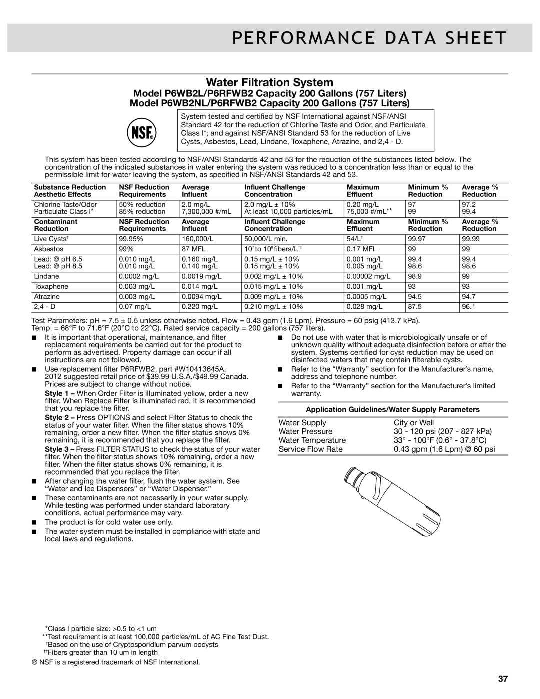 Whirlpool WRF989SDAM, WRF736SDAB, WRF989SDAH, WRF736SDAM, WRF989SDAB manual Performance Data Sheet, Water Filtration System 