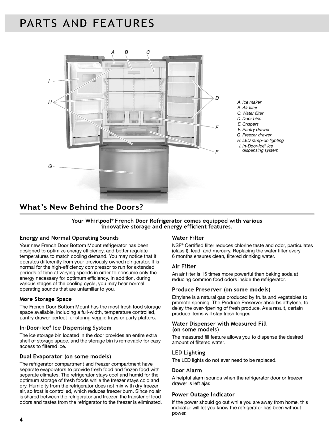 Whirlpool WRF989SDAB, WRF736SDAB, WRF989SDAM, WRF989SDAH, WRF736SDAM manual Parts and Features, What’s New Behind the Doors? 