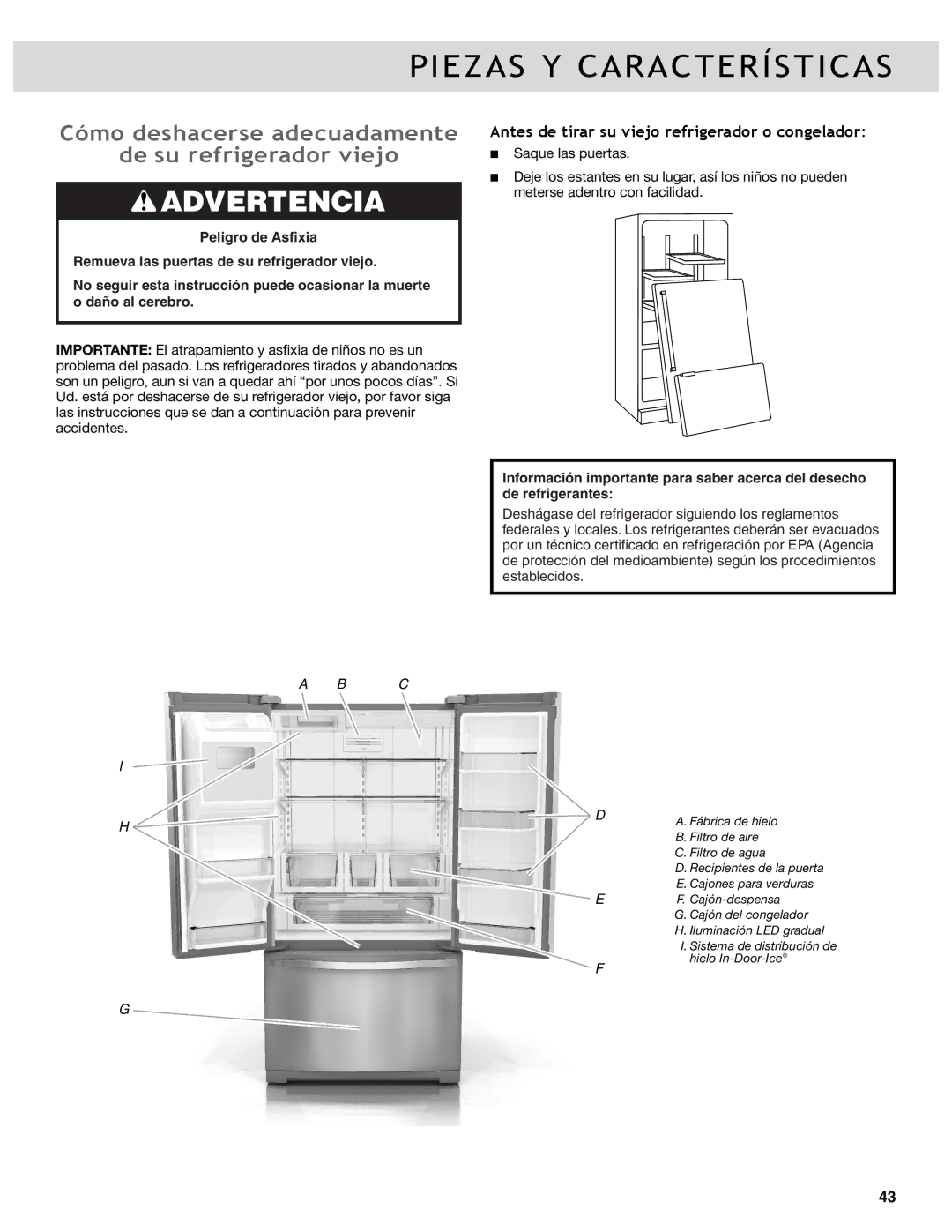 Whirlpool WRF989SDAE, WRF736SDAB manual Piezas Y Características, Cómo deshacerse adecuadamente De su refrigerador viejo 