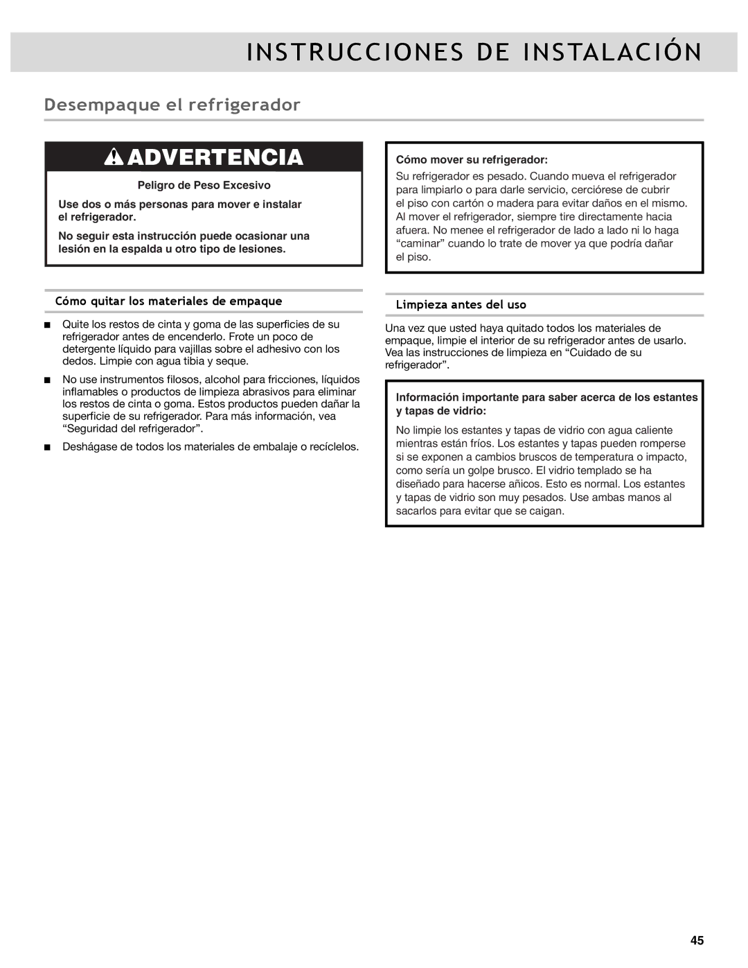 Whirlpool WRF736SDAB manual Instrucciones DE Instalación, Desempaque el refrigerador, Cómo quitar los materiales de empaque 