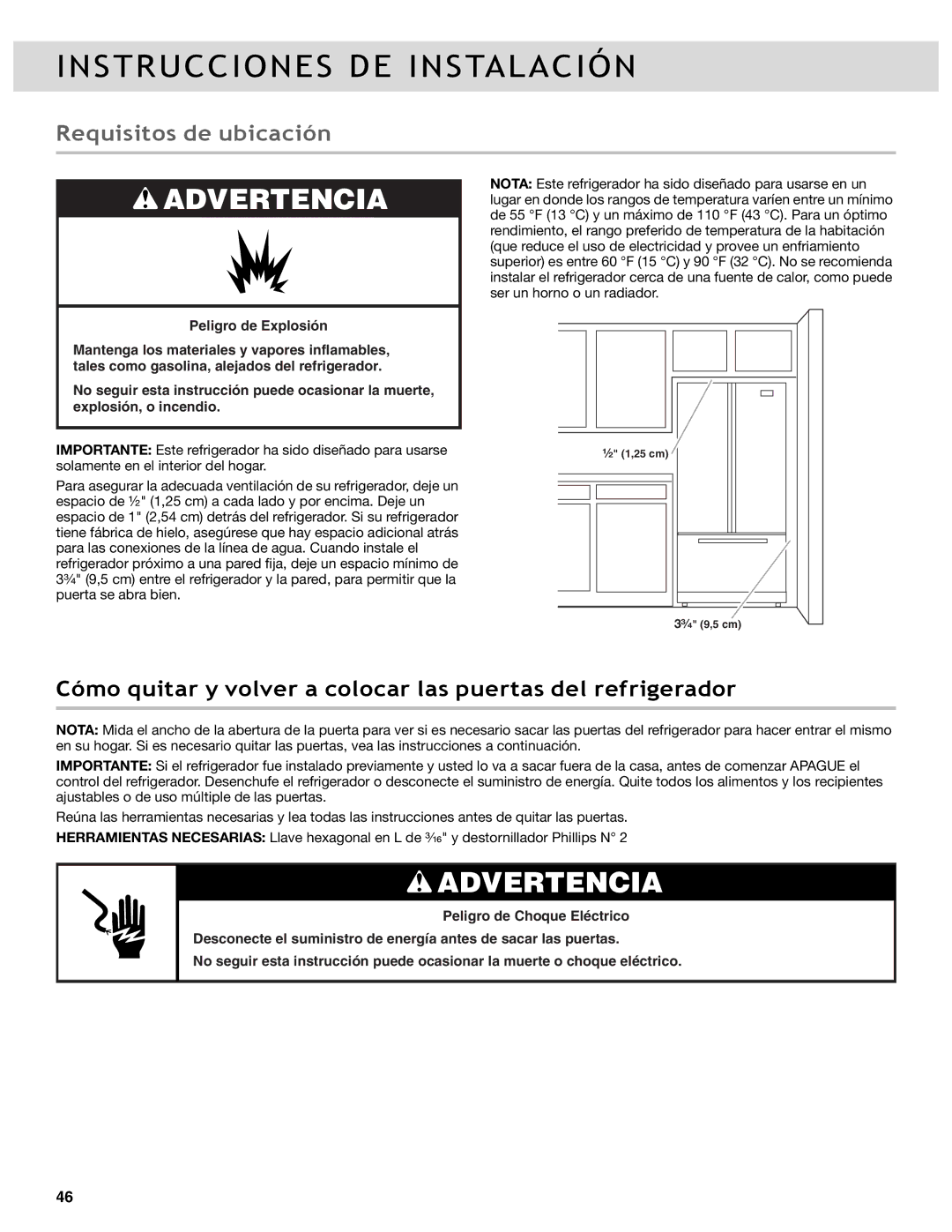 Whirlpool WRF989SDAM, WRF736SDAB manual Requisitos de ubicación, Cómo quitar y volver a colocar las puertas del refrigerador 