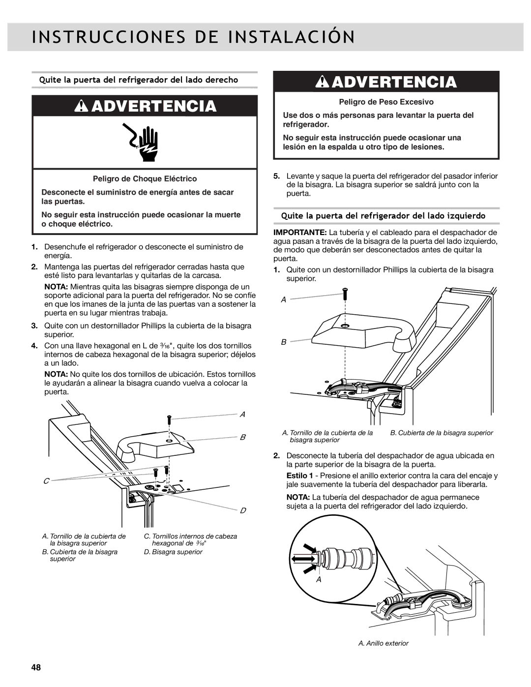 Whirlpool WRF736SDAM, WRF736SDAB, WRF989SDAM, WRF989SDAH, WRF989SDAB manual Quite la puerta del refrigerador del lado derecho 