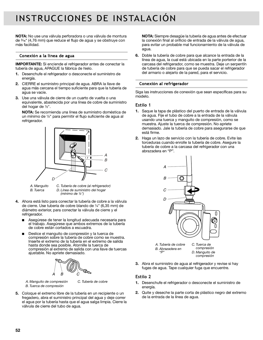 Whirlpool WRF989SDAE, WRF736SDAB, WRF989SDAM, WRF989SDAH manual Estilo, Conexión a la línea de agua, Conexión al refrigerador 