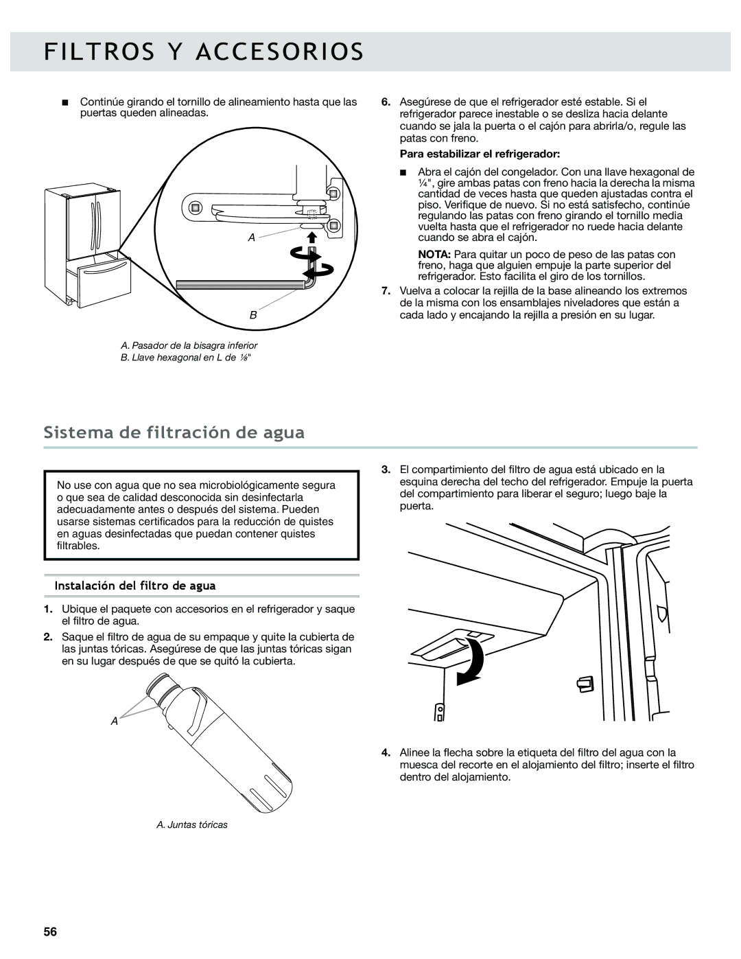 Whirlpool WRF989SDAH, WRF736SDAB manual Filtros Y Accesorios, Sistema de filtración de agua, Instalación del filtro de agua 