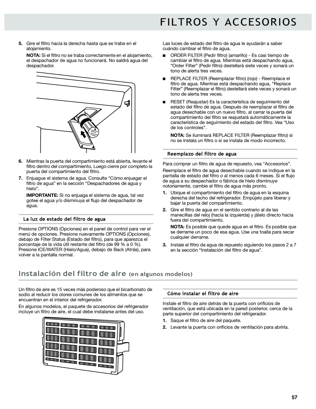 Whirlpool WRF736SDAM, WRF736SDAB Instalación del filtro de aire en algunos modelos, La luz de estado del filtro de agua 