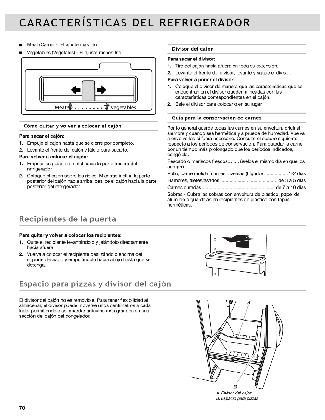 Whirlpool WRF989SDAE, WRF736SDAB manual Recipientes de la puerta, Espacio para pizzas y divisor del cajón, Divisor del cajón 