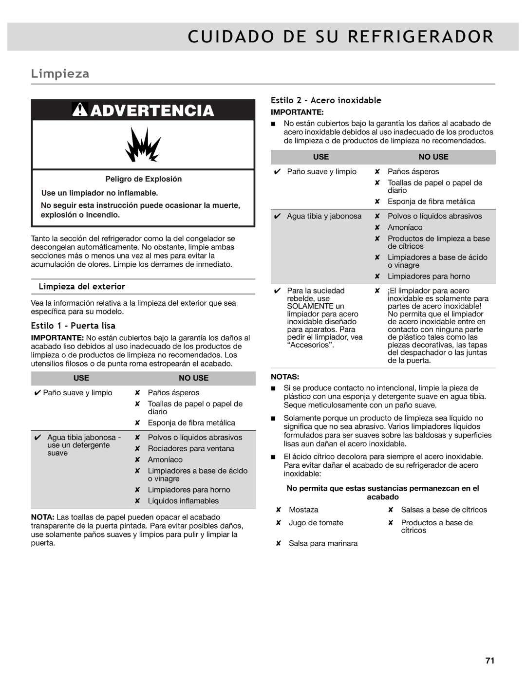 Whirlpool WRF736SDAW, WRF736SDAB Cuidado DE SU Refrigerador, Limpieza, Estilo 1 Puerta lisa, Estilo 2 Acero inoxidable 