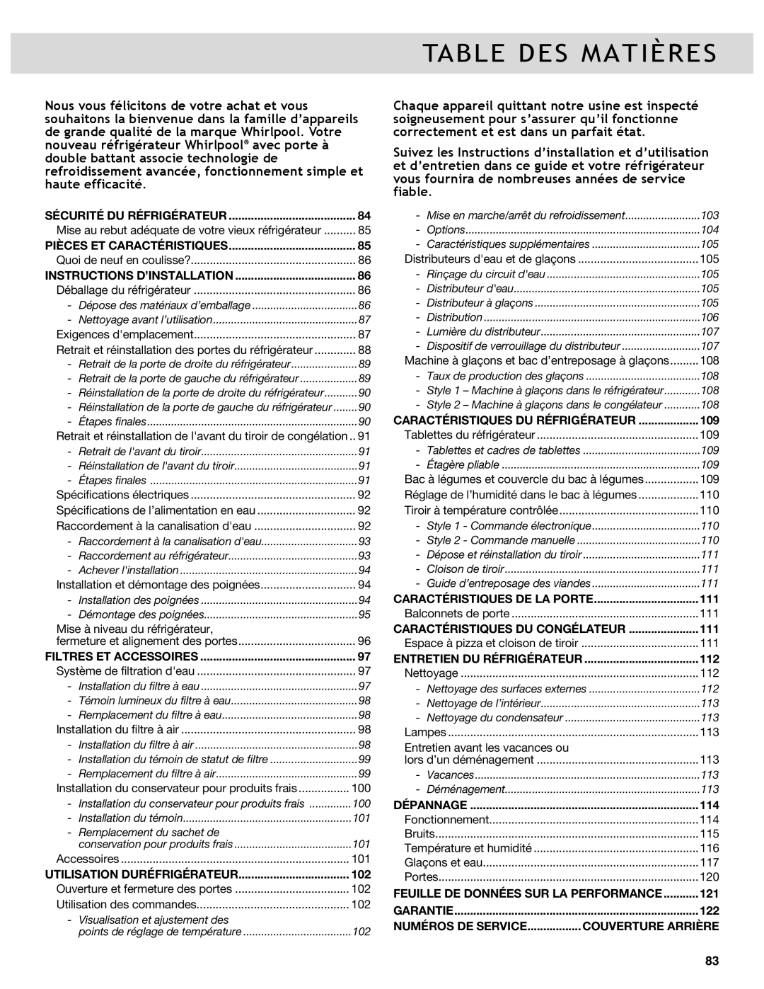 Whirlpool WRF989SDAH, WRF736SDAB, WRF989SDAM, WRF736SDAM, WRF989SDAB, WRF989SDAF, WRF736SDAF, WRF989SDAE manual Table DES Matières 