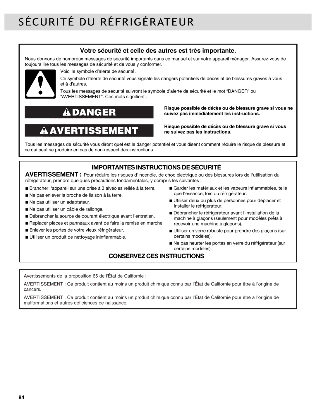 Whirlpool WRF736SDAM, WRF736SDAB manual Sécurité DU Réfrigérateur, Votre sécurité et celle des autres est très importante 