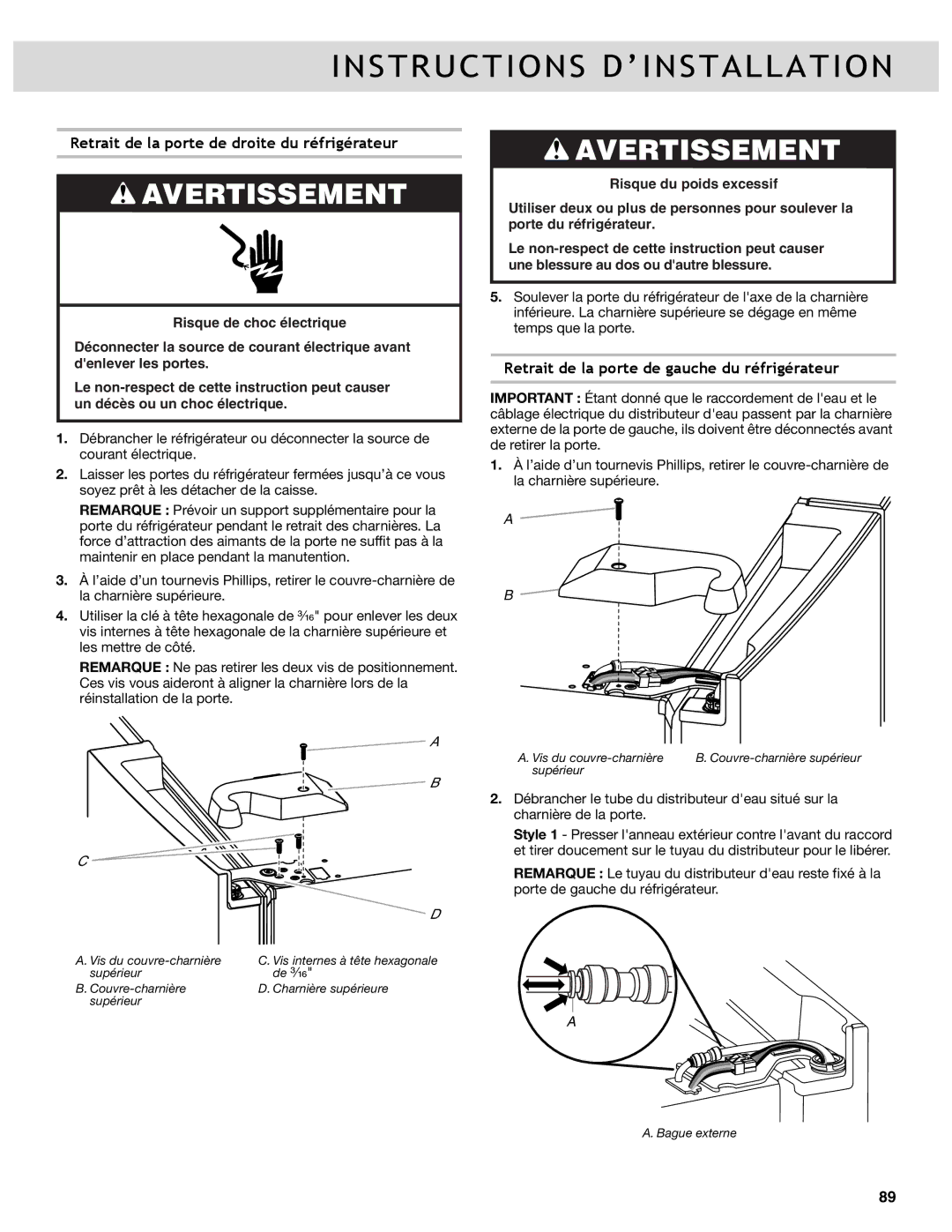 Whirlpool WRF736SDAW manual Retrait de la porte de droite du réfrigérateur, Retrait de la porte de gauche du réfrigérateur 