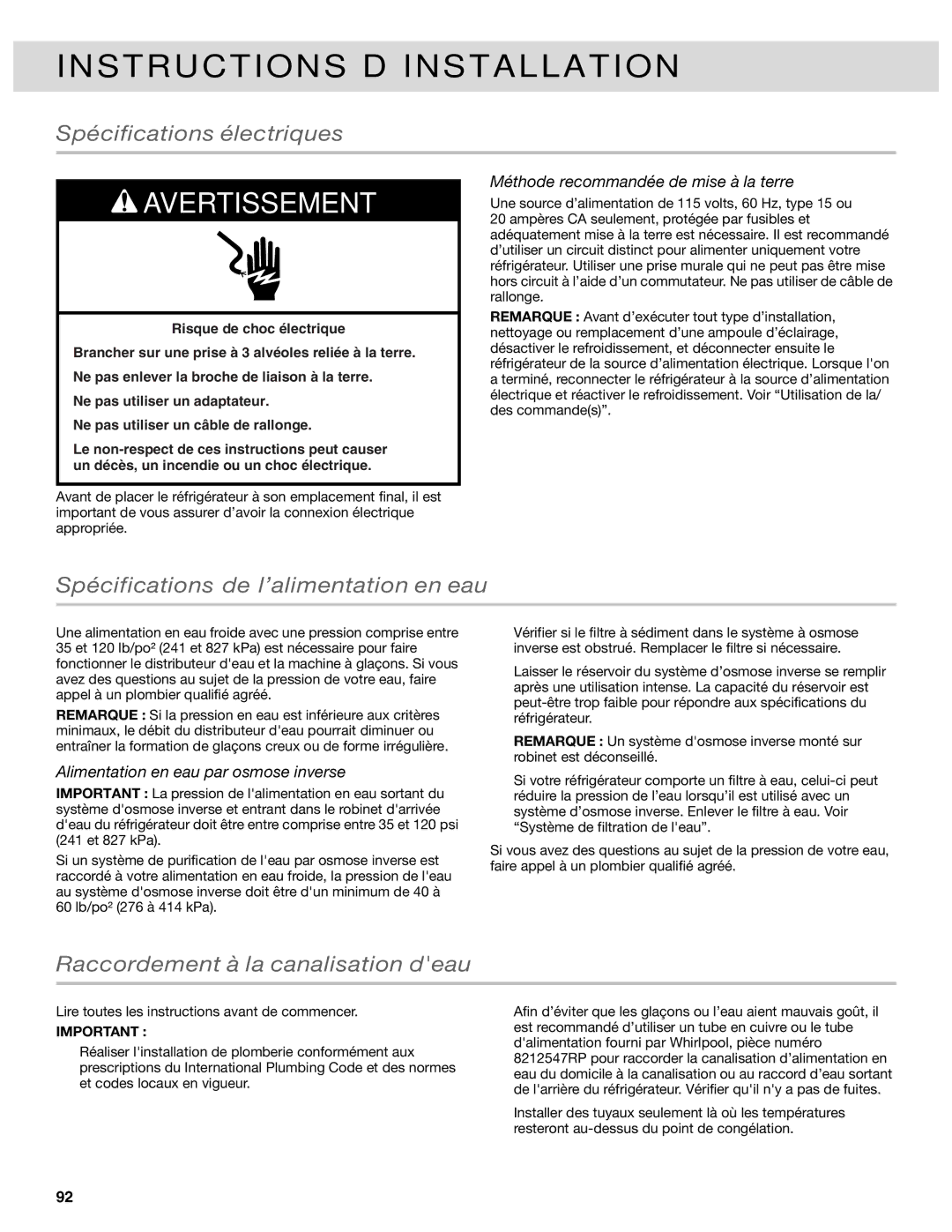 Whirlpool WRF989SDAH, WRF736SDAB, WRF989SDAM, WRF736SDAM Spécifications électriques, Spécifications de l’alimentation en eau 