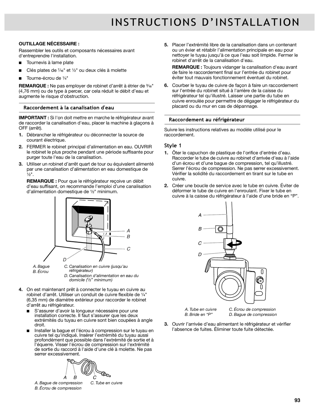 Whirlpool WRF736SDAM, WRF736SDAB Raccordement à la canalisation deau, Raccordement au réfrigérateur, Outillage Nécessaire 