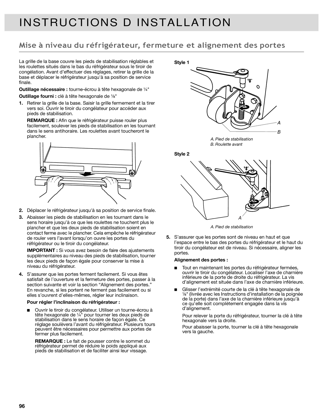 Whirlpool WRF736SDAF, WRF736SDAB, WRF989SDAM, WRF989SDAH Pour régler l’inclinaison du réfrigérateur, Alignement des portes 