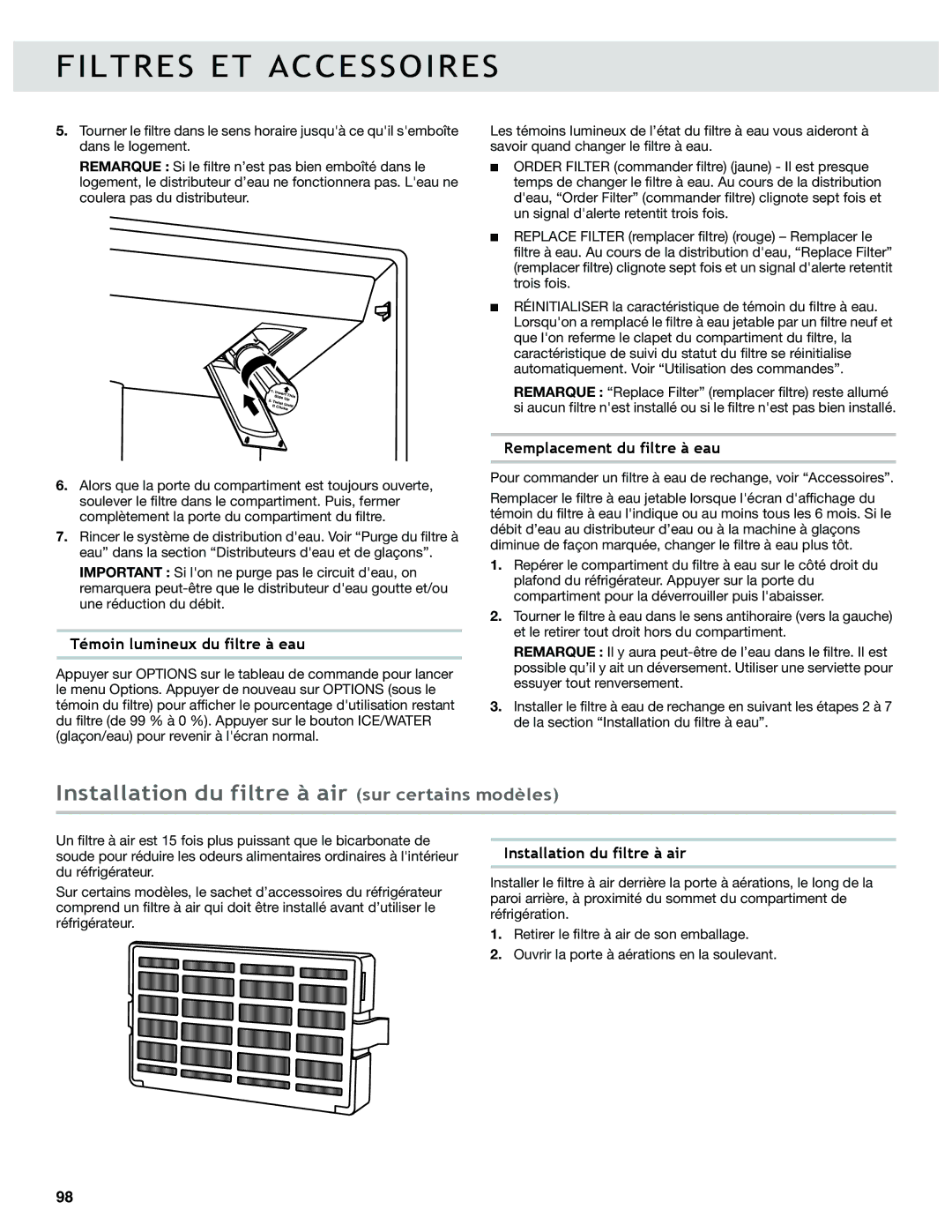 Whirlpool WRF736SDAW, WRF736SDAB manual Installation du filtre à air sur certains modèles, Témoin lumineux du filtre à eau 