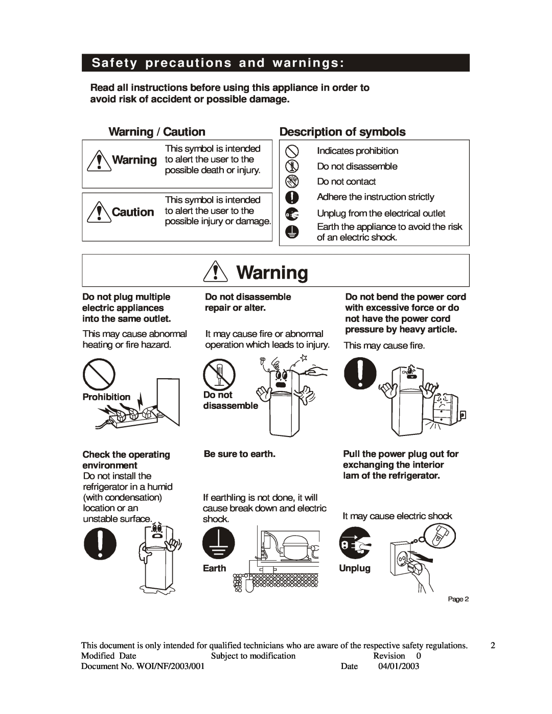 Whirlpool WRNE322 specifications Safety precautions and warnings, Warning / Caution, Description of symbols 