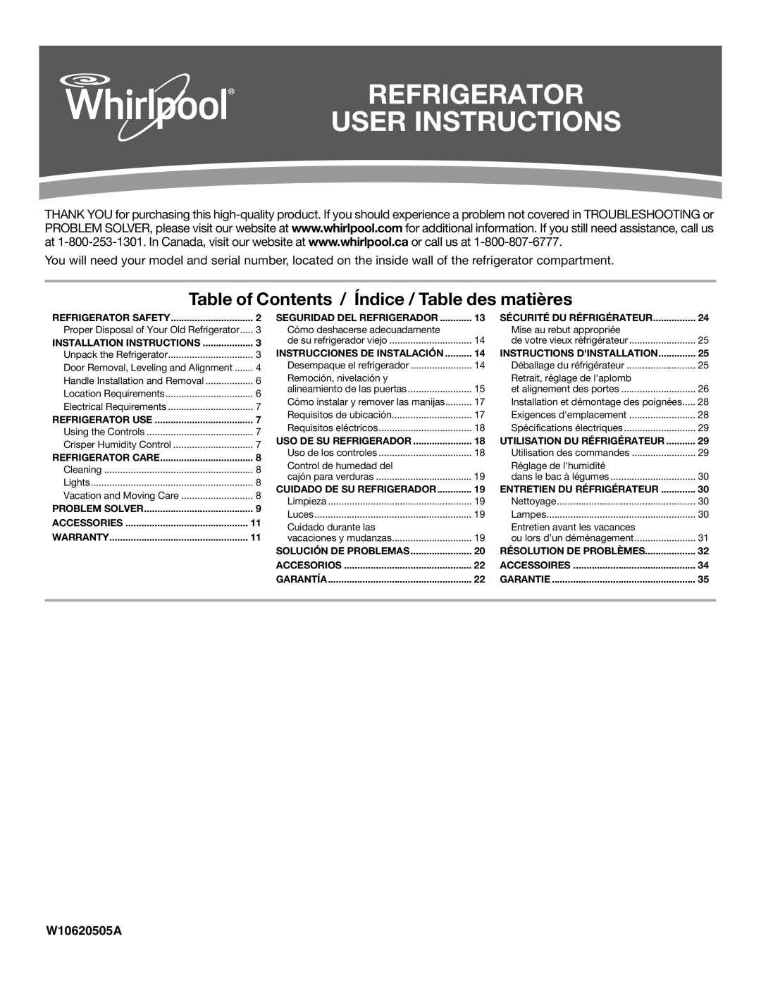 Whirlpool WRS325FNAM installation instructions Refrigerator User Instructions 