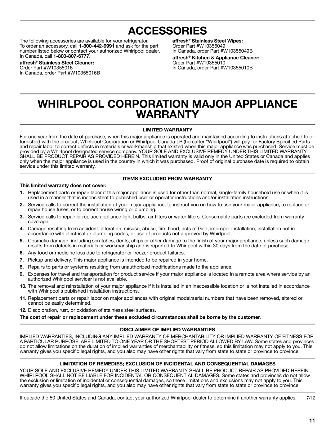 Whirlpool WRS325FNAM Accessories, Whirlpool Corporation Major Appliance Warranty, Limited Warranty 