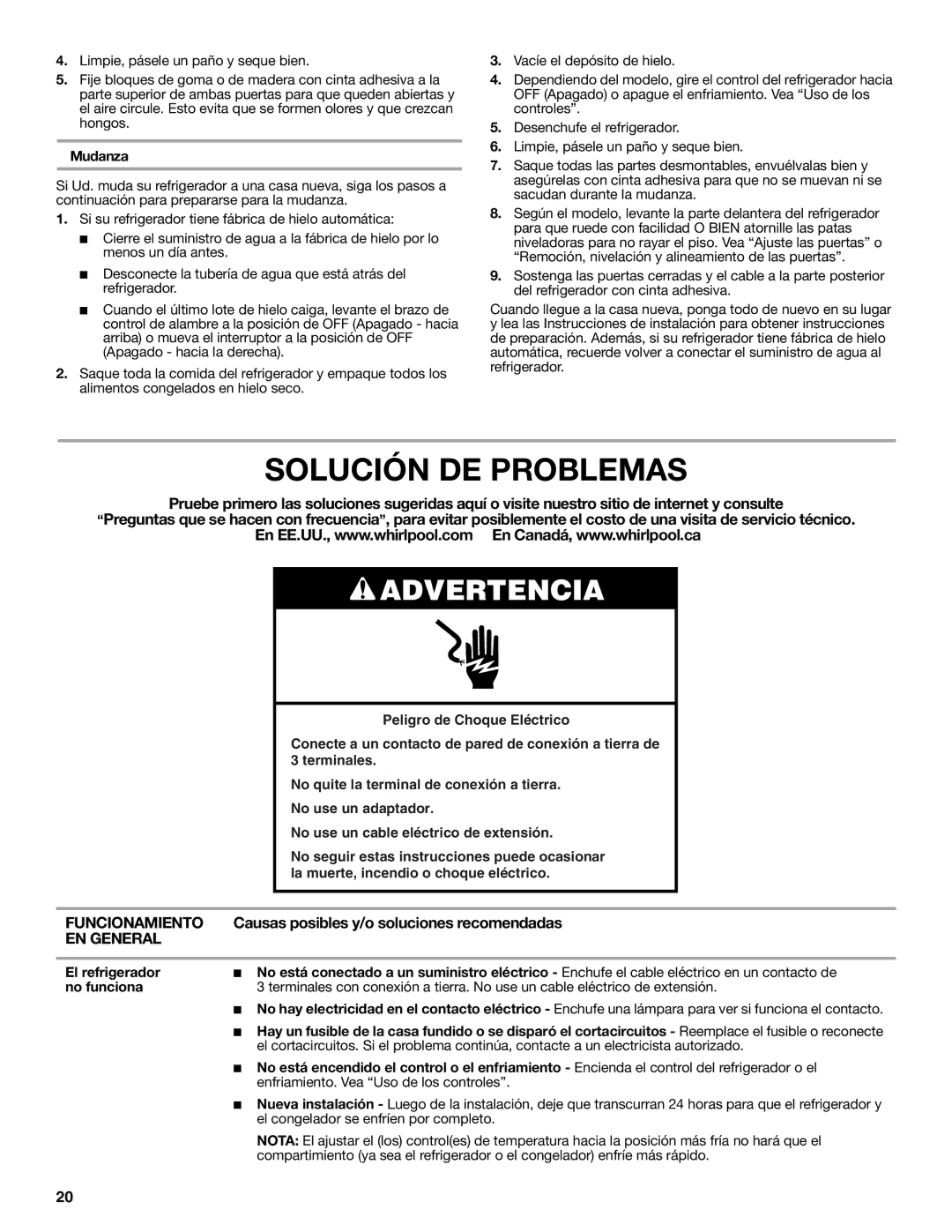 Whirlpool WRS325FNAM Solución DE Problemas, Funcionamiento, Causas posibles y/o soluciones recomendadas, EN General 