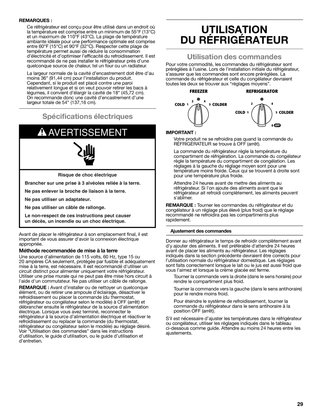 Whirlpool WRS325FNAM Utilisation DU Réfrigérateur, Spécifications électriques, Utilisation des commandes, Remarques 