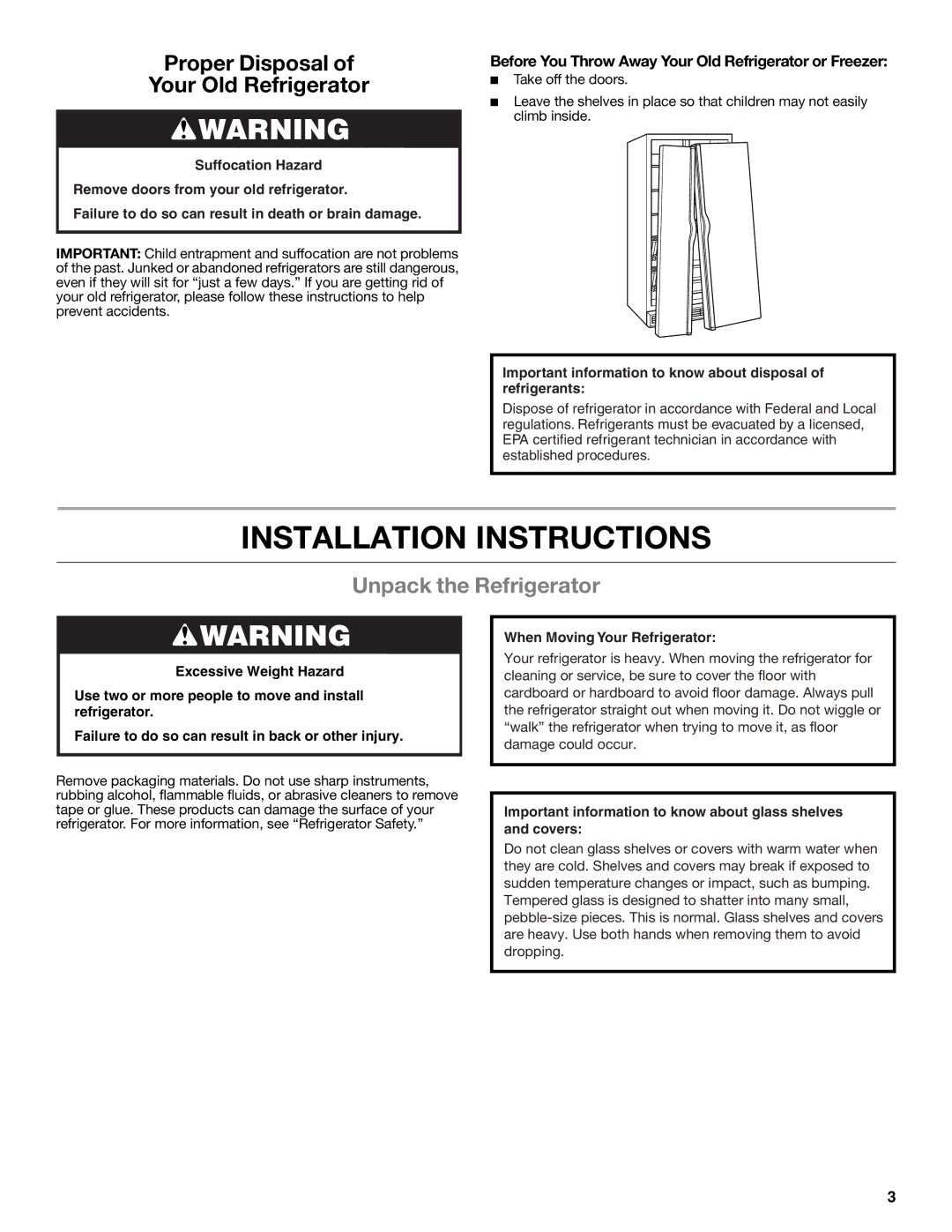 Whirlpool WRS325FNAM installation instructions Installation Instructions, Unpack the Refrigerator 