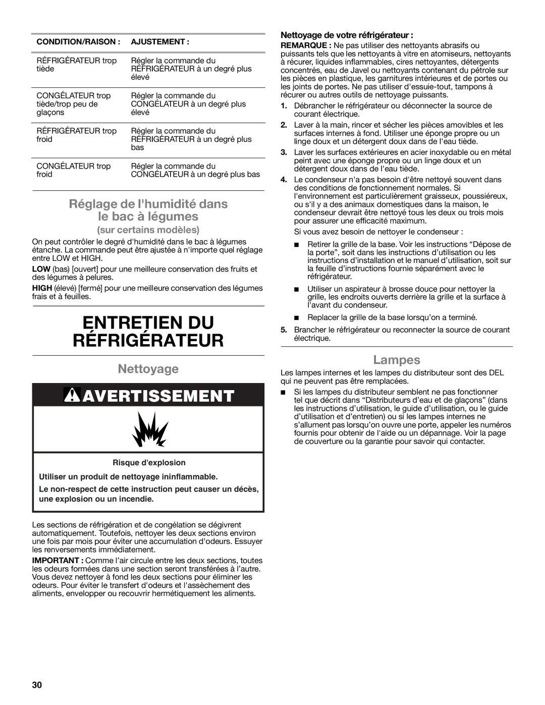 Whirlpool WRS325FNAM Entretien DU Réfrigérateur, Réglage de lhumidité dans Le bac à légumes, Nettoyage, Lampes 