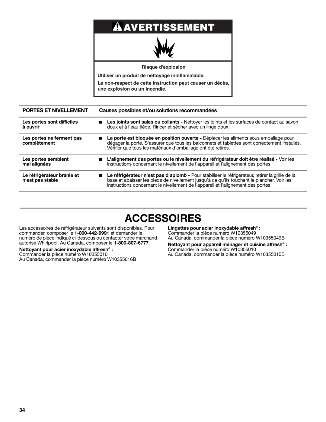 Whirlpool WRS325FNAM installation instructions Accessoires, Portes ET Nivellement, Lingettes pour acier inoxydable affresh 