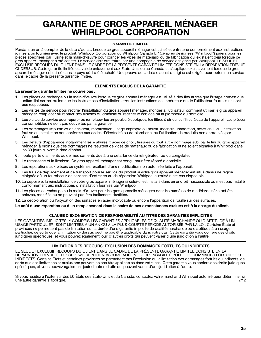 Whirlpool WRS325FNAM installation instructions Garantie DE Gros Appareil Ménager Whirlpool Corporation, Garantie Limitée 