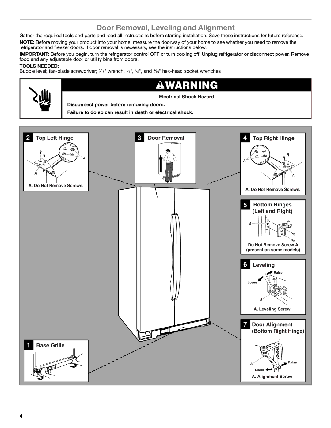 Whirlpool WRS325FNAM installation instructions Door Removal, Leveling and Alignment, Tools Needed 