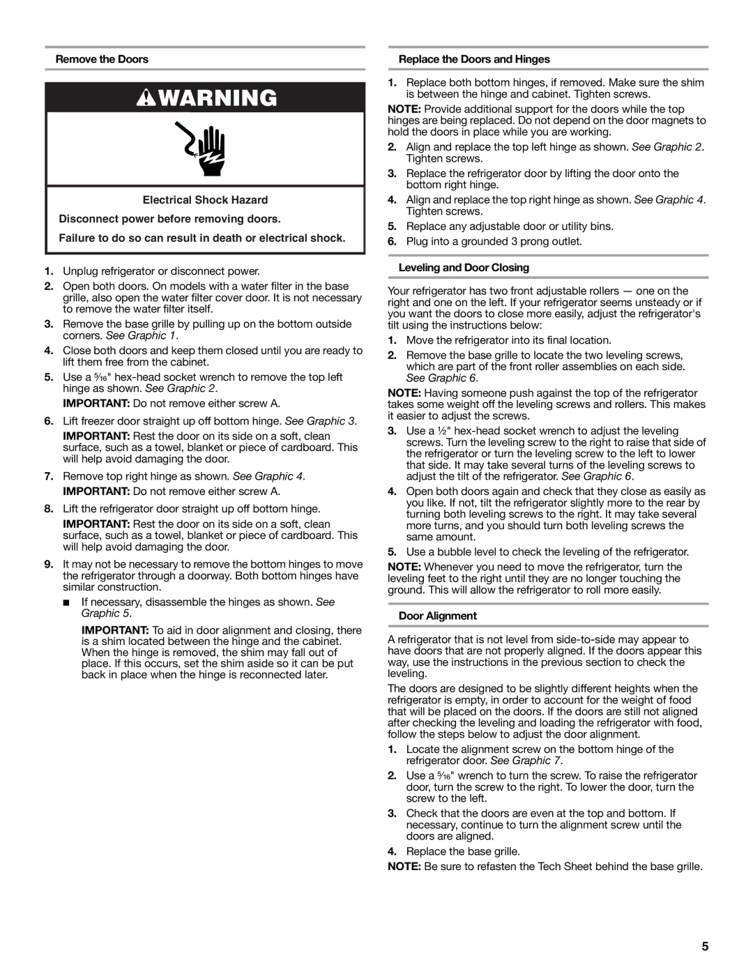 Whirlpool WRS325FNAM installation instructions Replace the Doors and Hinges, Leveling and Door Closing, Door Alignment 