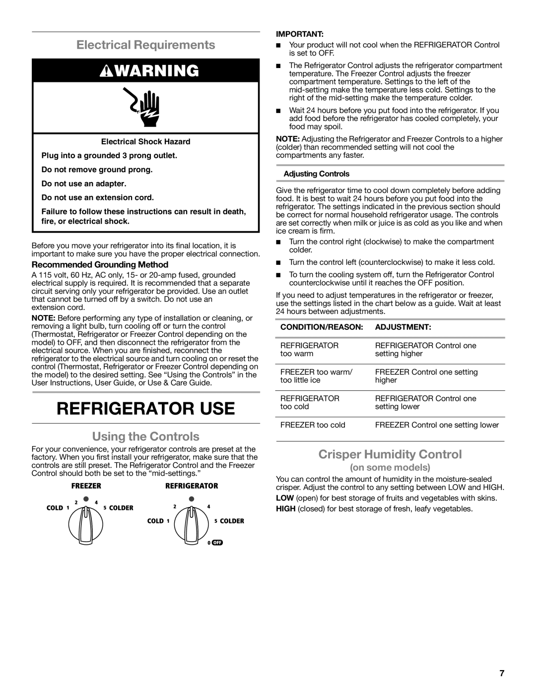 Whirlpool WRS325FNAM Refrigerator USE, Electrical Requirements, Using the Controls, Crisper Humidity Control 