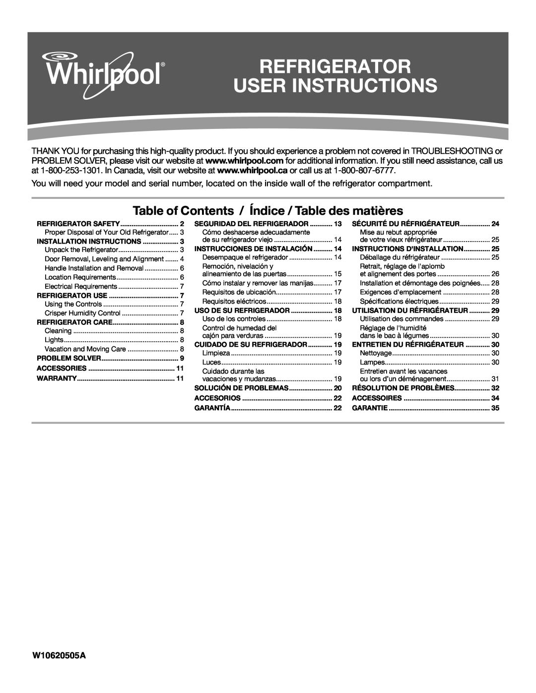 Whirlpool WRS325FNAM installation instructions Refrigerator User Instructions, W10620505A 
