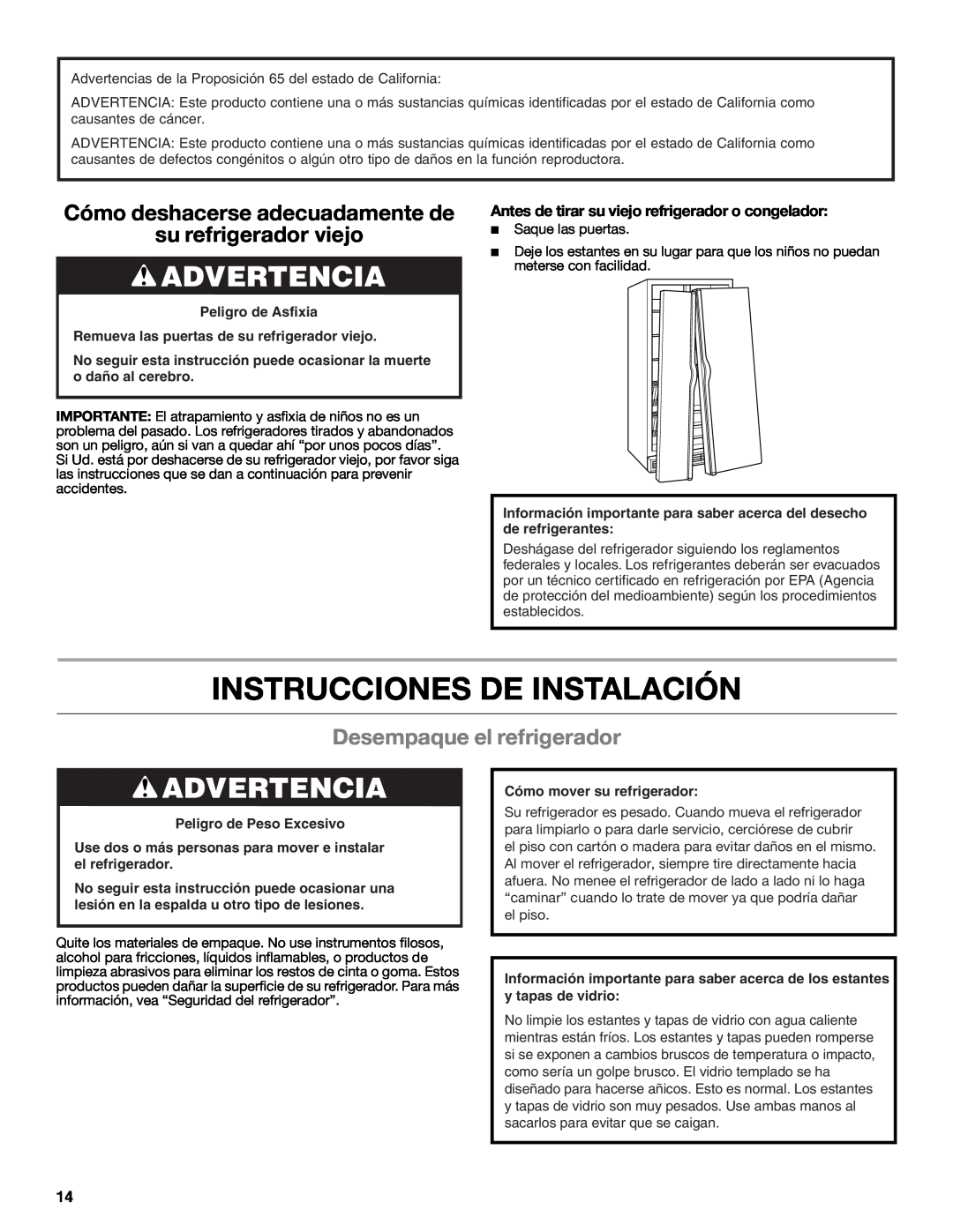 Whirlpool WRS325FNAM Instrucciones De Instalación, Advertencia, Cómo deshacerse adecuadamente de su refrigerador viejo 