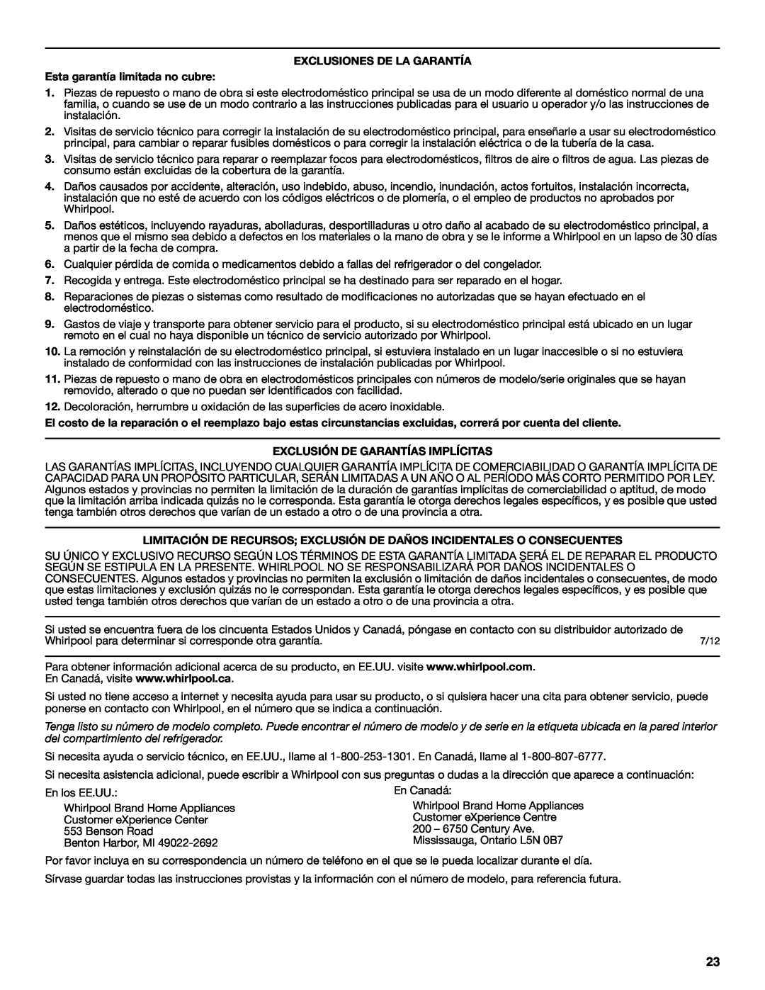 Whirlpool WRS325FNAM EXCLUSIONES DE LA GARANTÍA Esta garantía limitada no cubre, Exclusión De Garantías Implícitas 