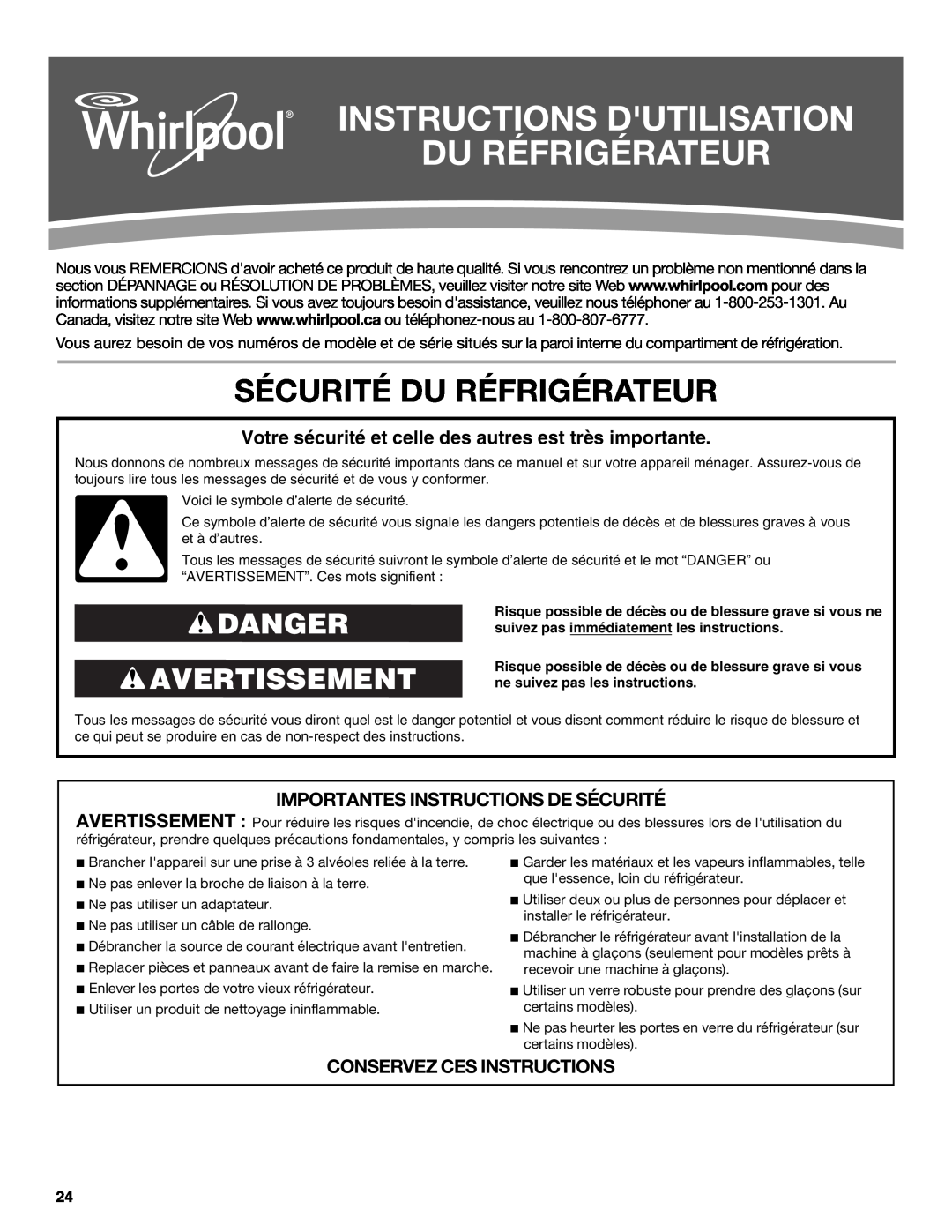Whirlpool WRS325FNAM Instructions Dutilisation Du Réfrigérateur, Sécurité Du Réfrigérateur, Danger Avertissement 