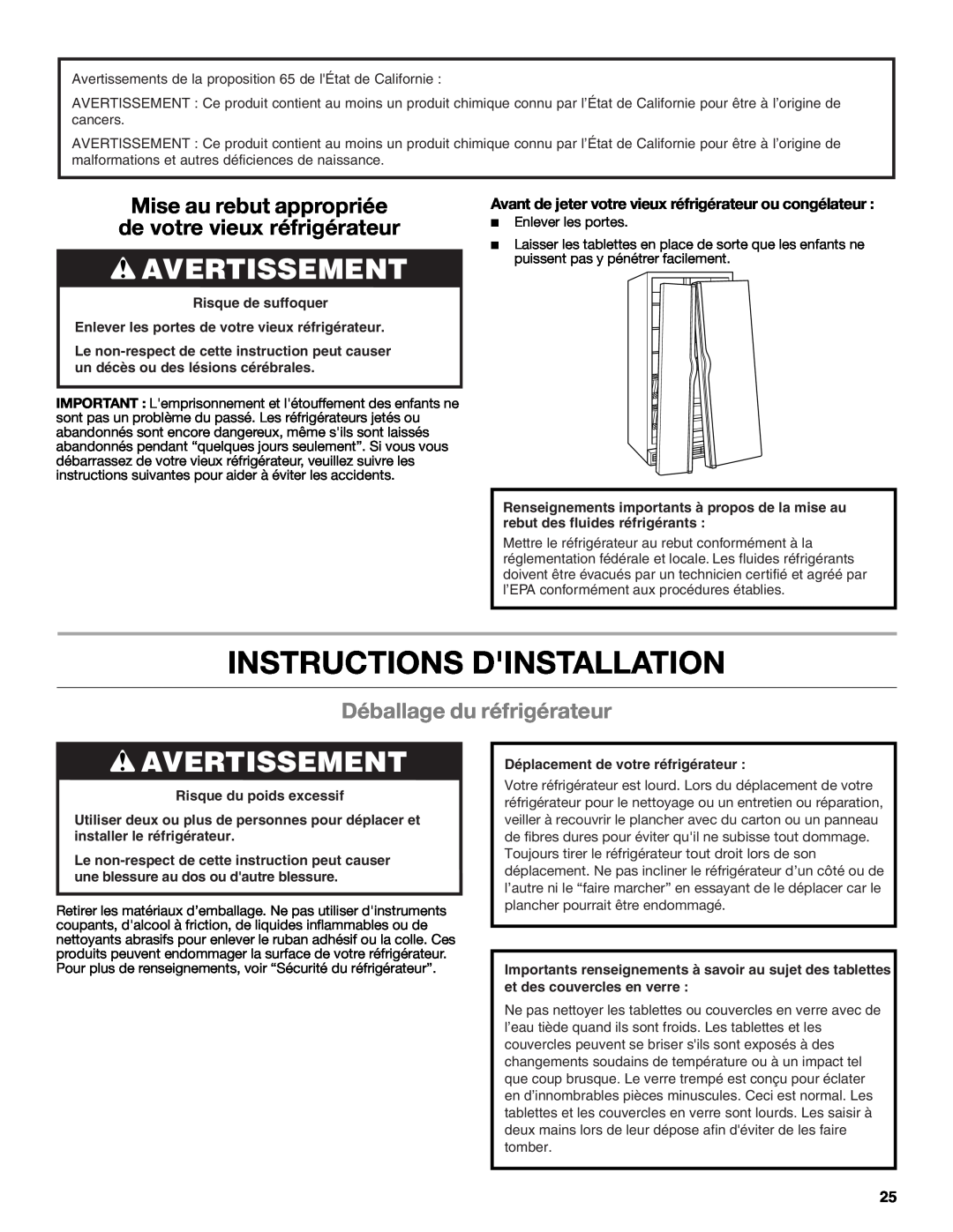 Whirlpool WRS325FNAM Instructions Dinstallation, Avertissement, Déballage du réfrigérateur, Risque du poids excessif 
