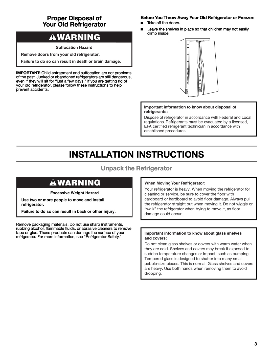 Whirlpool WRS325FNAM Installation Instructions, Proper Disposal of Your Old Refrigerator, Unpack the Refrigerator 