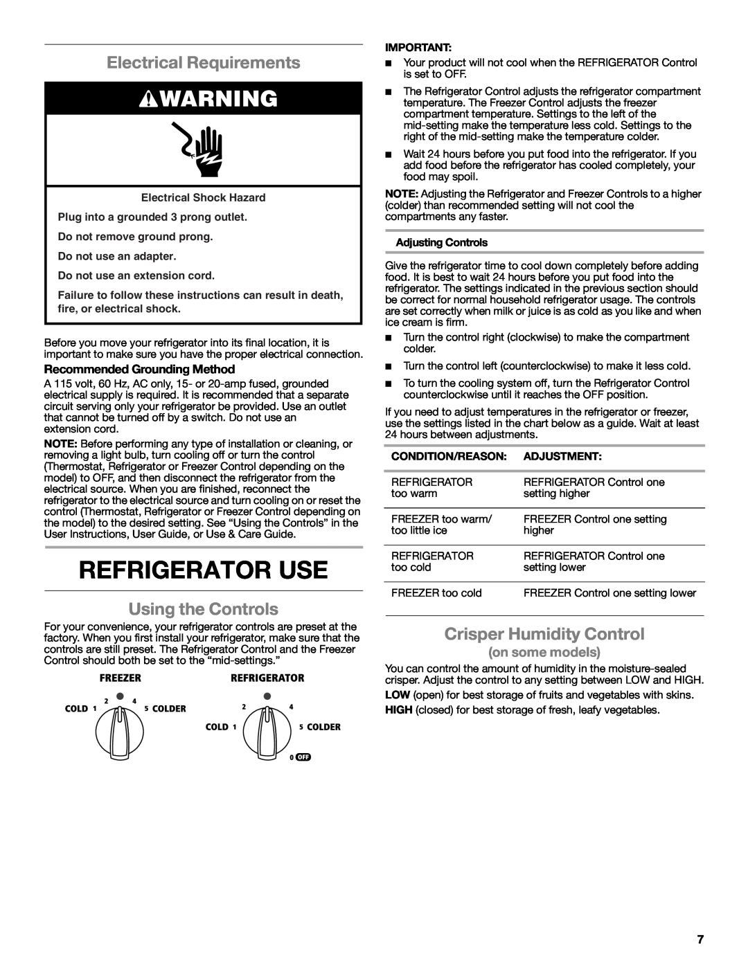 Whirlpool WRS325FNAM Refrigerator Use, Electrical Requirements, Using the Controls, Crisper Humidity Control, Adjustment 
