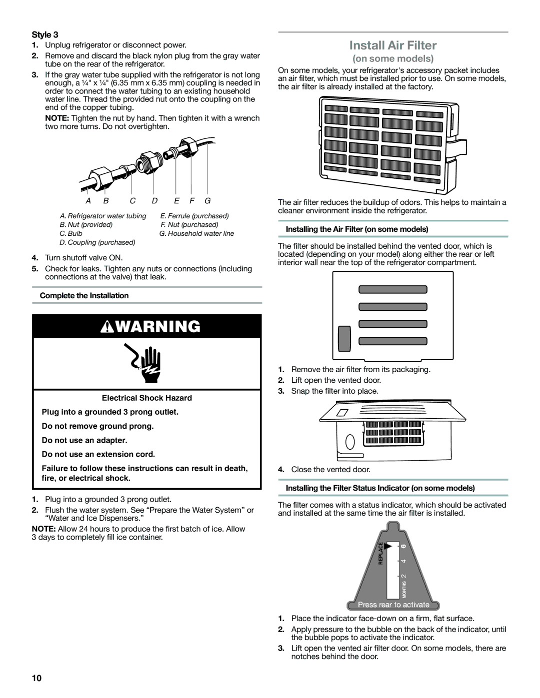 Whirlpool WRS950SIAE installation instructions Install Air Filter, Installing the Air Filter on some models 