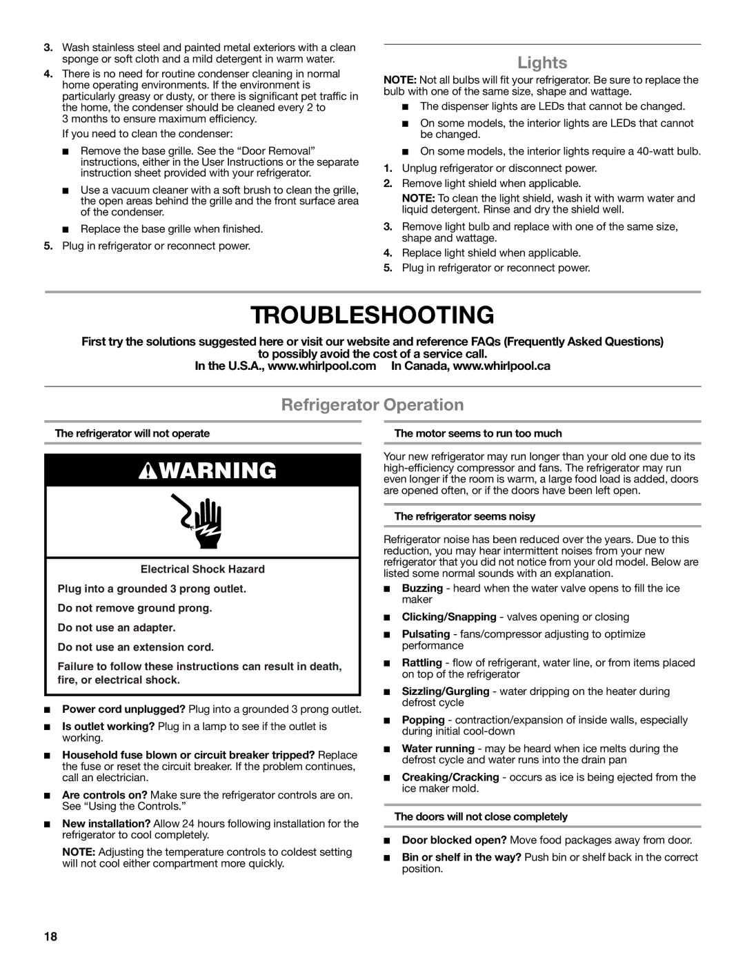 Whirlpool WRS950SIAE installation instructions Troubleshooting, Lights, Refrigerator Operation 