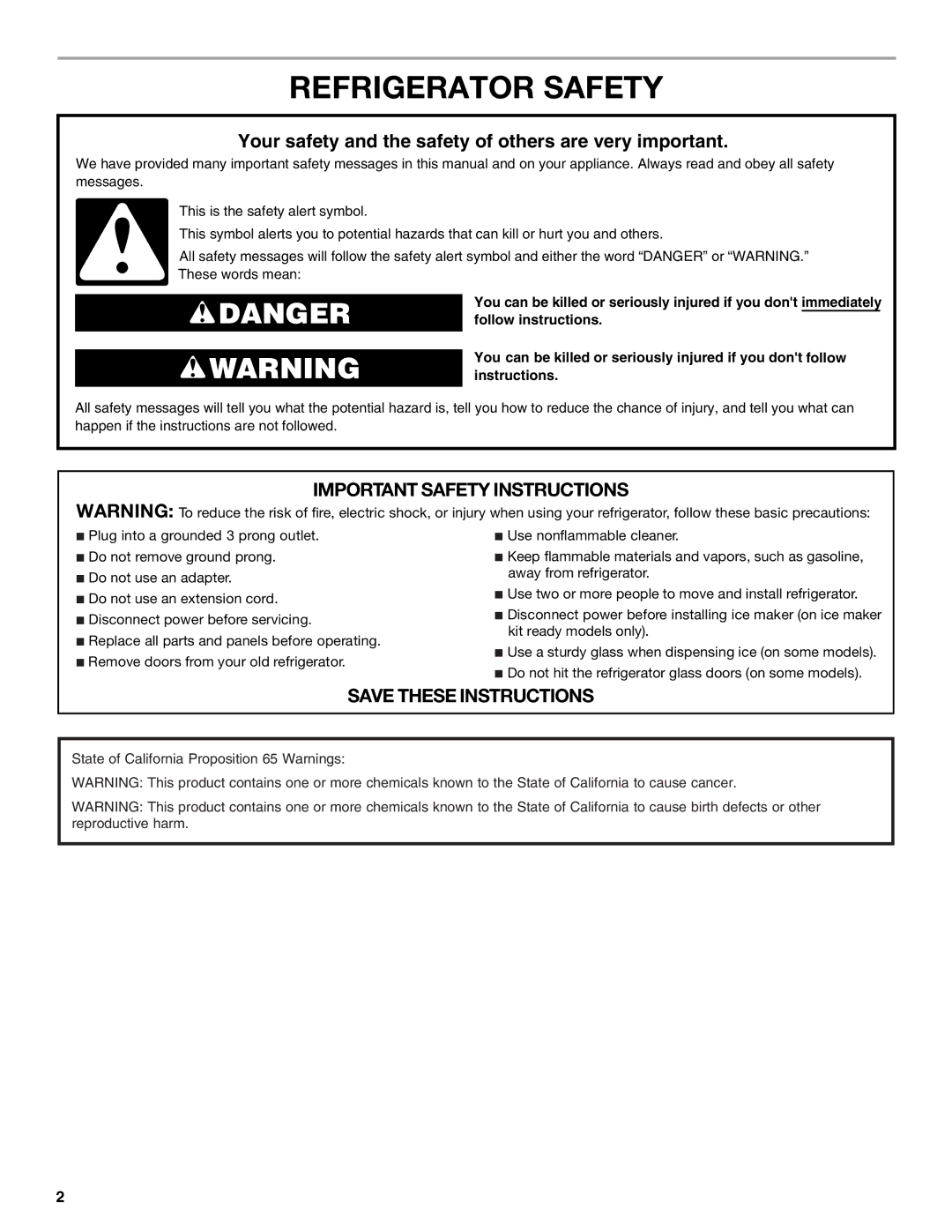 Whirlpool WRS950SIAE installation instructions Refrigerator Safety 