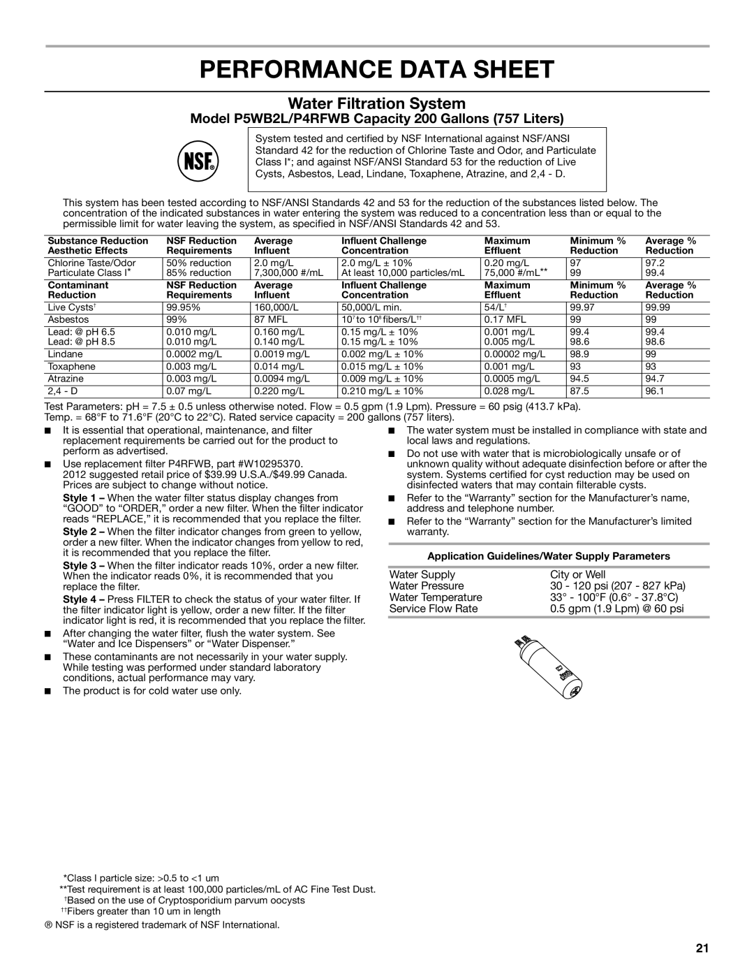 Whirlpool WRS950SIAE installation instructions Performance Data Sheet, Water Filtration System 