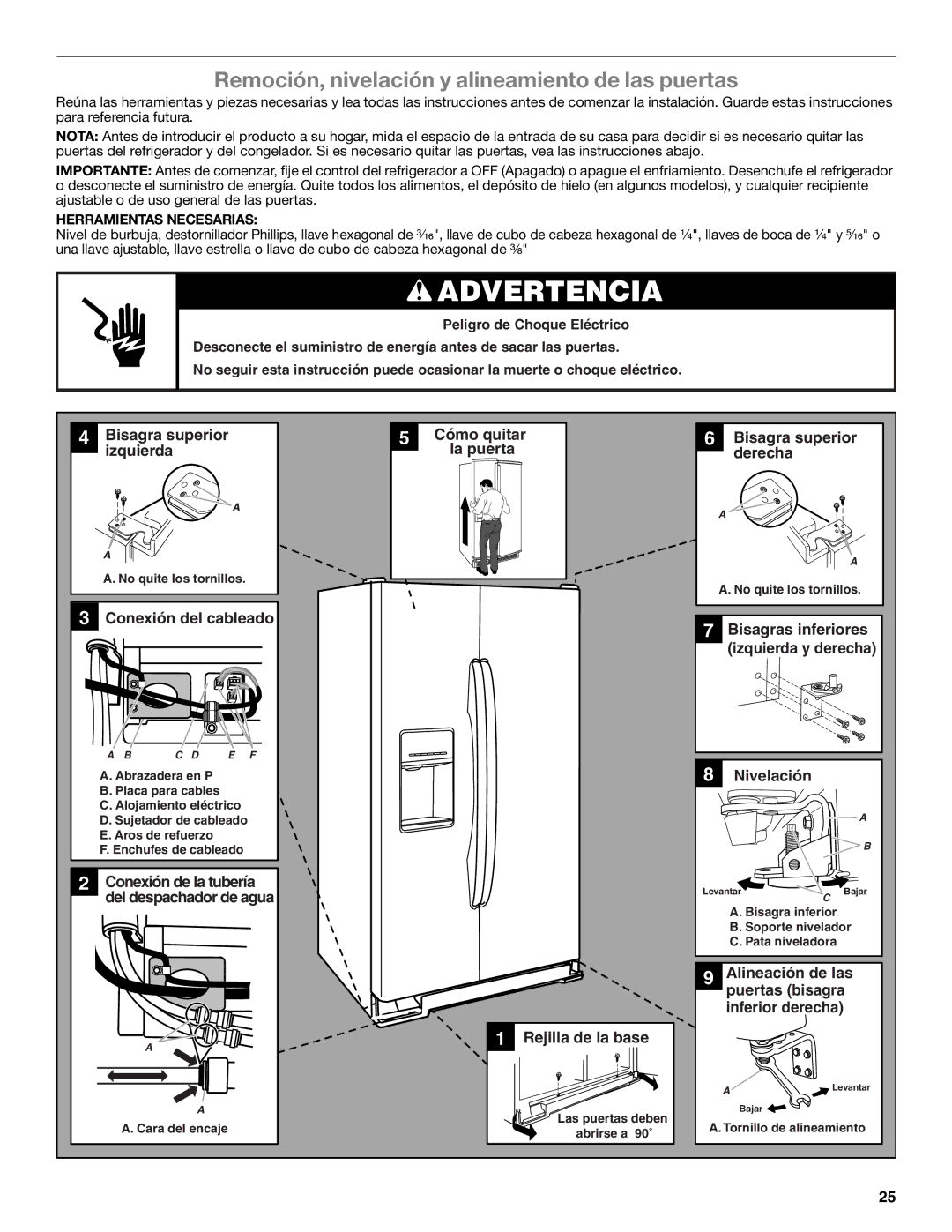 Whirlpool WRS950SIAE installation instructions Remoción, nivelación y alineamiento de las puertas, Herramientas Necesarias 