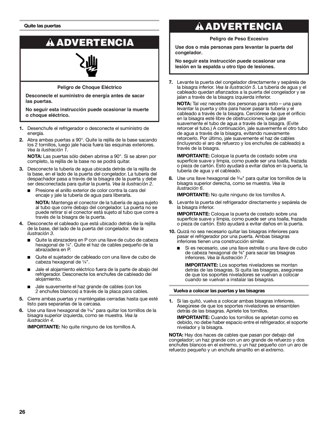 Whirlpool WRS950SIAE installation instructions Quite las puertas, Vuelva a colocar las puertas y las bisagras 